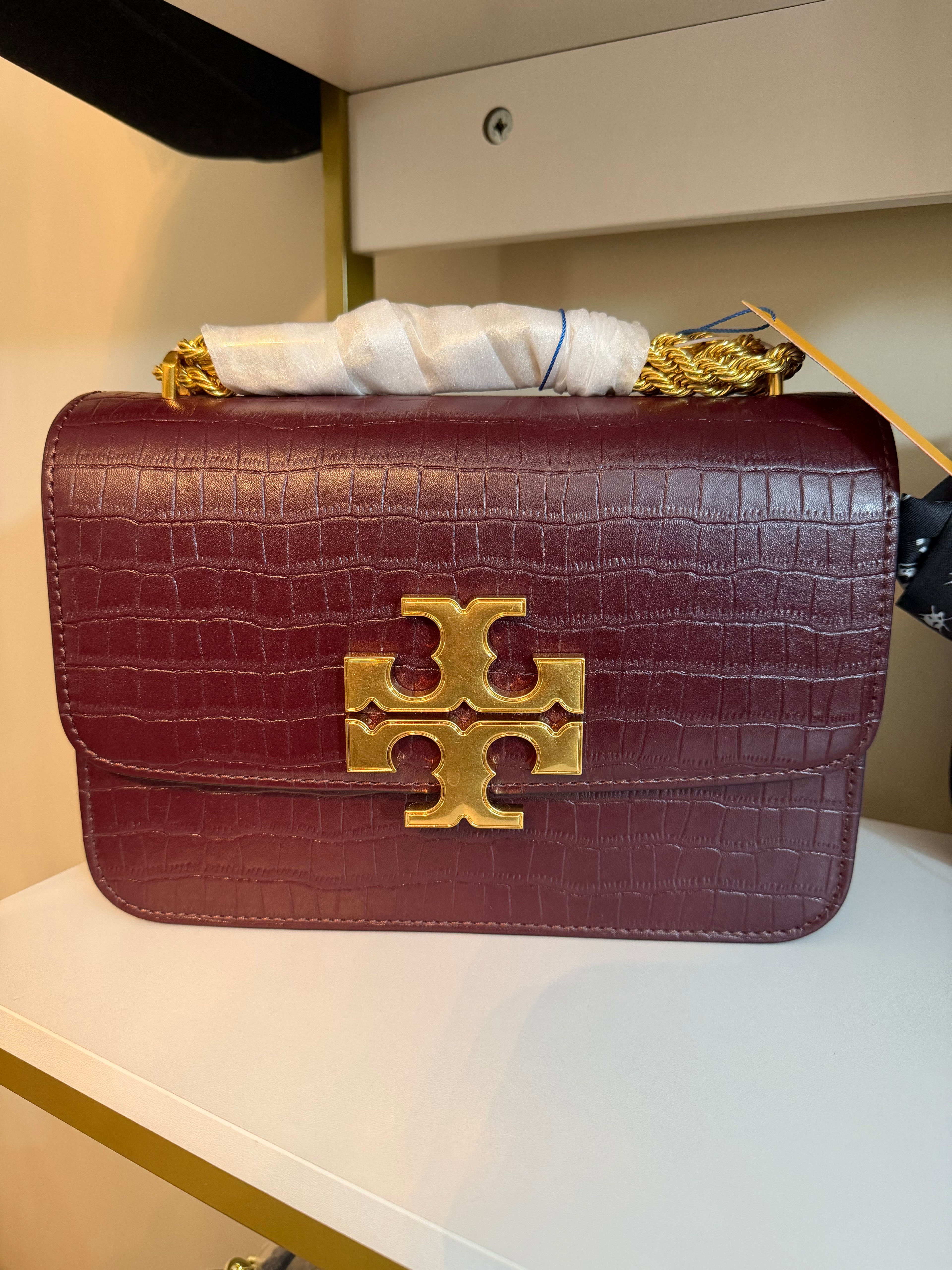 Eleanor Medium Convertible Shoulder Bag in Claret Croc-Embossed Leather