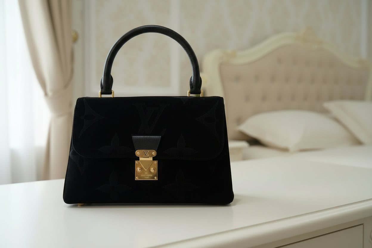 Black handbag with gold accents 