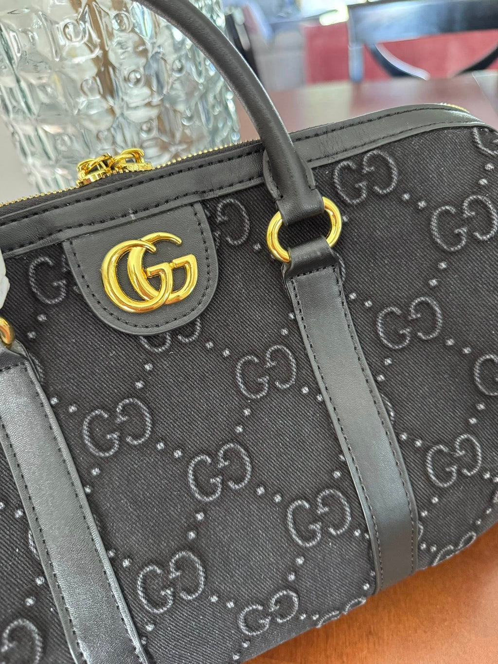 Denim black speedy/crossbody with leather trim/strap