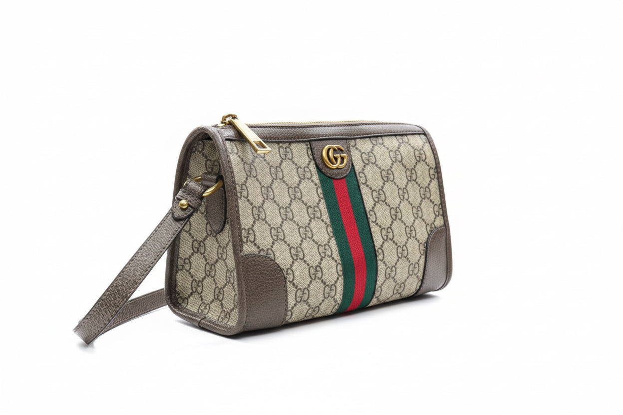 Ophidia Small Crossbody Bag in beige and brown canvas/leather