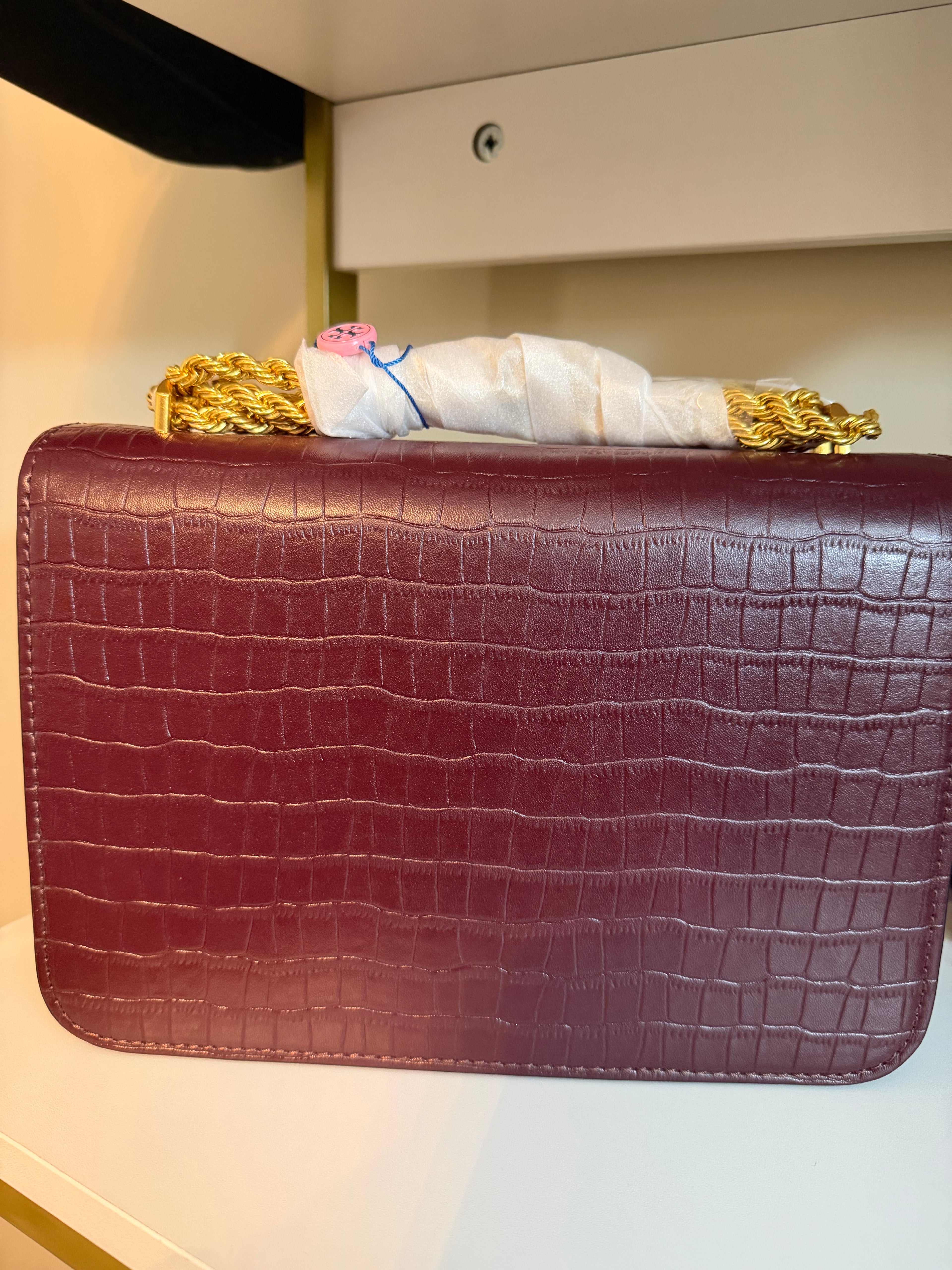 Eleanor Medium Convertible Shoulder Bag in Claret Croc-Embossed Leather