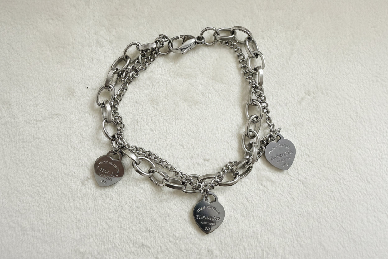 Double silver bracelet 3 charms