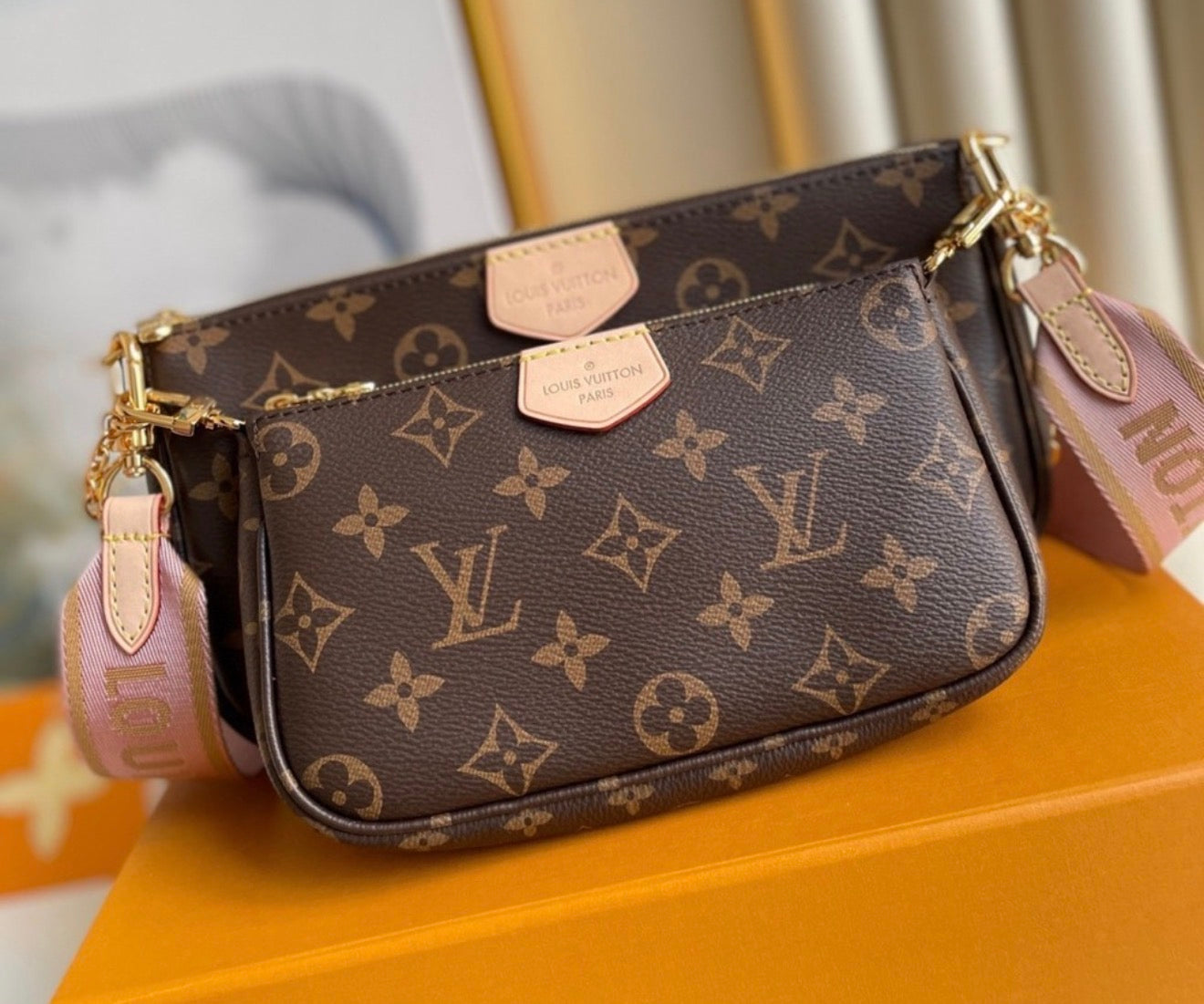3 pc set multi pochette brown- pink crossbody strap