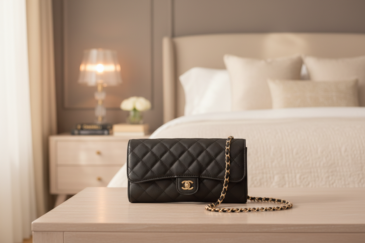 Black quilted handbag with a chain strap 