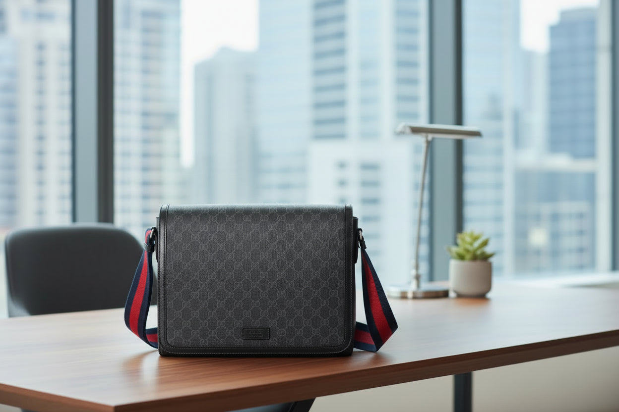 Black patterned shoulder bag with red and blue straps 